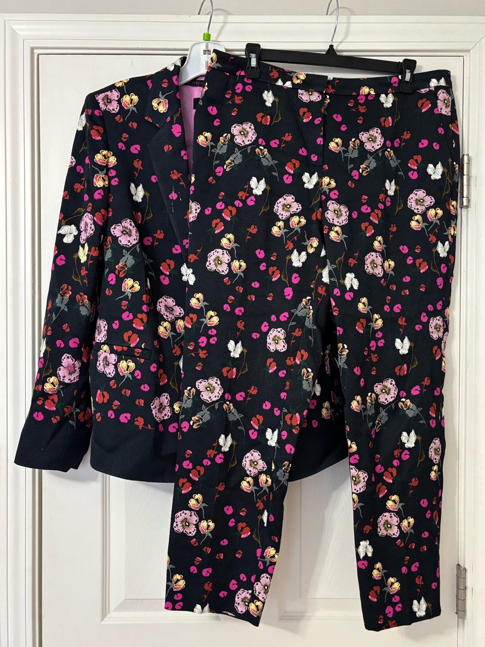 Escada Black Floral Pantsuit with Pink & White Blooms